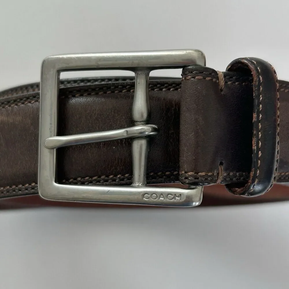Coach Mens Leather Belt Brown Genuine Calfskin 3752 Silver Tone Brass Buckle 36